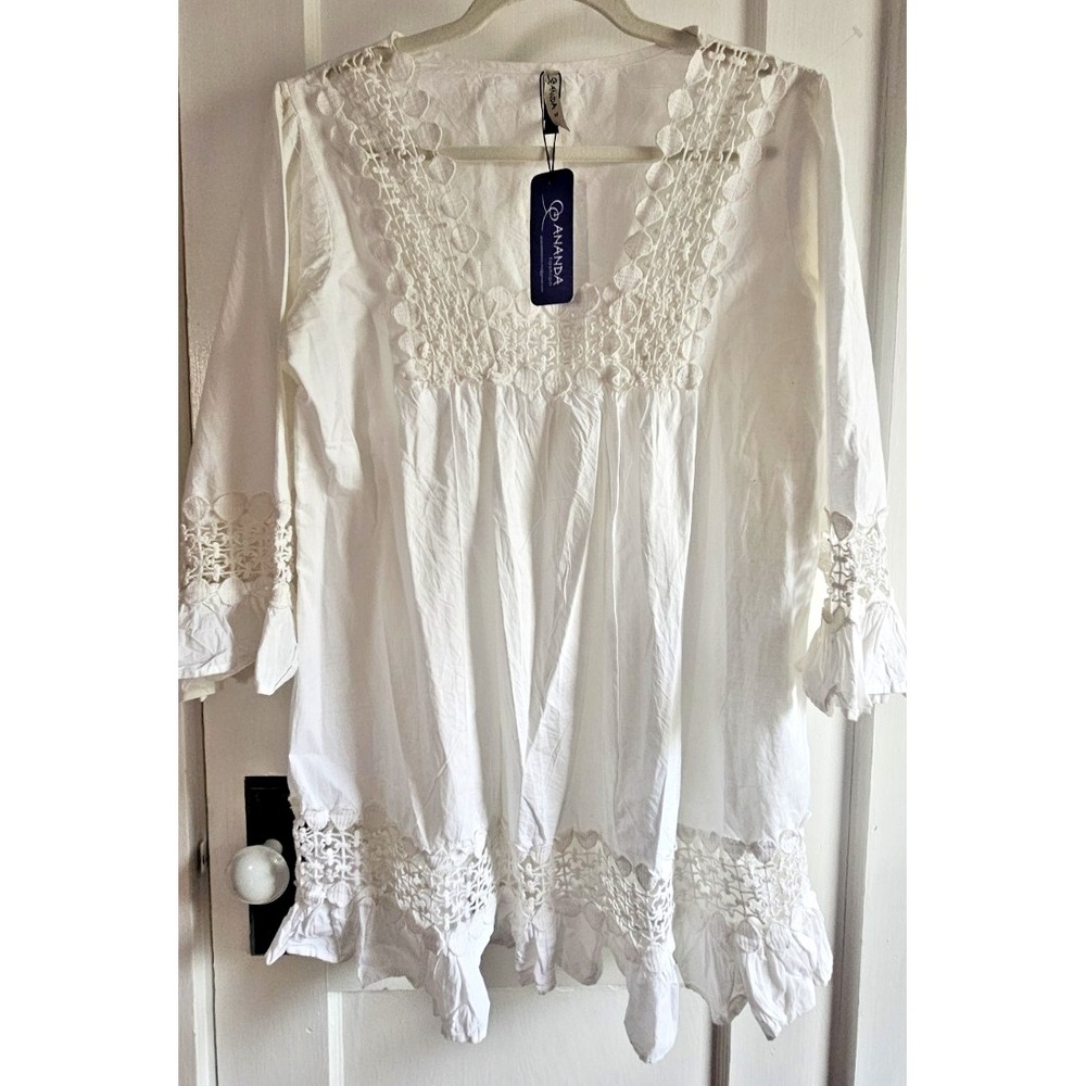 NWT AMANDA embroidered crochet hem cuffs white boho cotton mini dress Sz M